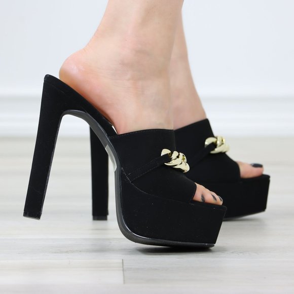 Black Faux Velvet Open Toe Slip On Platform Heels Gold Tone Chain Detailing - Picture 5 of 12